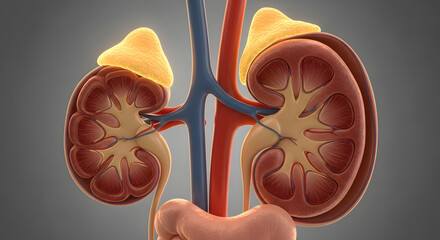 Detailed 3D rendering of the human urinary system, featuring kidneys in cross-section view with adrenal glands and blood vessels