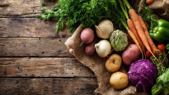 Fresh organic vegetables harvested from local farm rustic wooden background close-up view
