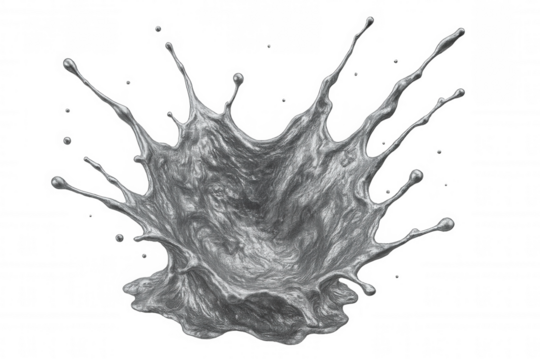 Silvery liquid forming dynamic crown-like splash, displaying fluid metallic movement on transparent surface