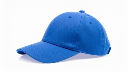Blue baseball cap with curved brim on white background.