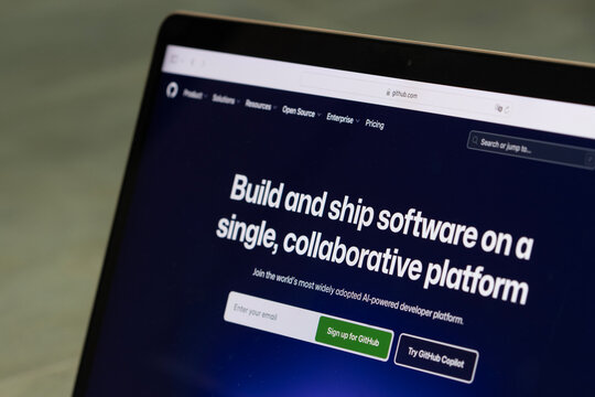 Portland, OR, USA - Aug 25, 2025: Homepage of GitHub is seen on the screen of a computer. GitHub is a software developer platform that allows developers to create, store, manage, and share their code.