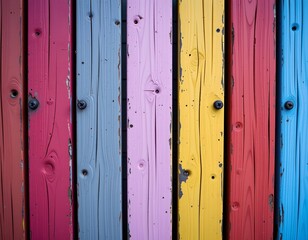 Fototapeta premium Colorful Weathered Wooden Fence Closeup