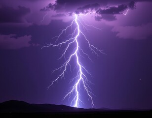 Violet Lightning Strike Over Silhouetted