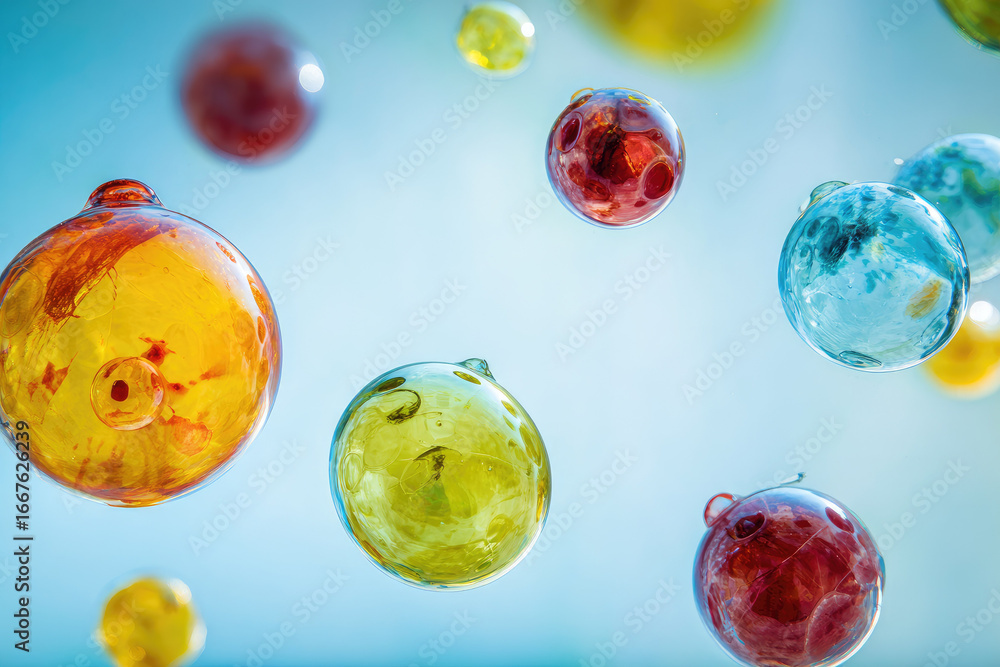 Poster colorful sphere floating bubble abstract background blue yellow red transparent liquid cheerful crea