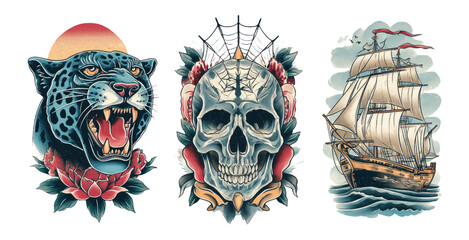 Obraz premium Bold Tattoo Art Set Featuring Panther, Skull, and Sailing Ship Designs