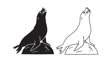 Sealion on rock silhouette with transparent background