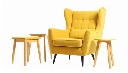 Yellow armchair and stacked stools on white floor with rustic wood backdrop.