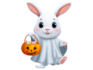 Cute bunny in ghost costume holding Halloween candy bucket isolated on a transparent background