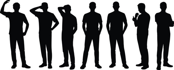 Silhouette of men standing, hand gestures, body language, thinking posture, communication symbols, black outline vector, male emotion, business stance, people illustration art