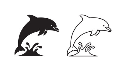 Dolphin jumping from water outline and silhouette