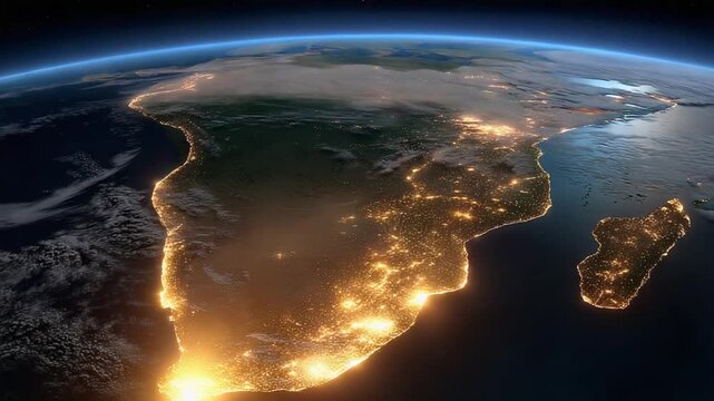 An illuminated view of the African continent from space at night, showcasing city lights