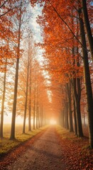 Obraz premium Golden autumn path lined with vibrant orange trees leading into a soft, misty light.