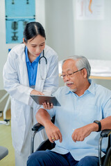 Fototapeta premium Female doctor examines senior male patient through comprehensive geriatric assessment. Healthcare professional demonstrates age appropriate medical care with patient-centered consultation 