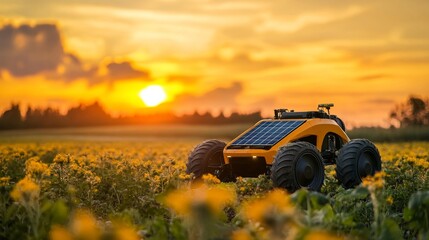 Solar-powered agricultural robot working in the field. This image demonstrates the intersection of technology, sustainability, and agriculture, showcasing innovation in smart farming, Generative AI
