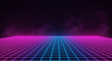 Retro neon grid cyberspace perspective with vibrant pink and blue glowing lines and atmospheric haze