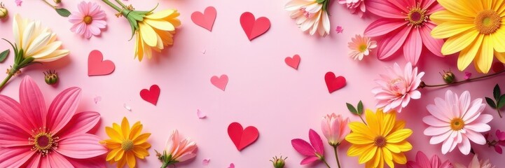 Obraz premium Bright pink & yellow floral hearts, Valentine's Day gift wrap design , floral, yellow