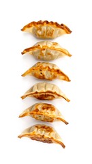 Pan-fried dumplings arranged vertically, white background