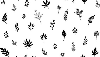 Seamless Black Leaf Pattern on White Background