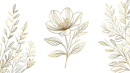 Golden flower and leaves on white background. Perfect for naturethemed designs, greeting cards, and botanical illustrations. Ideal for print and digital projects.