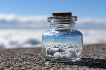 Capturing the clouds from the sky with with glass pot in creative picture from personal perspective