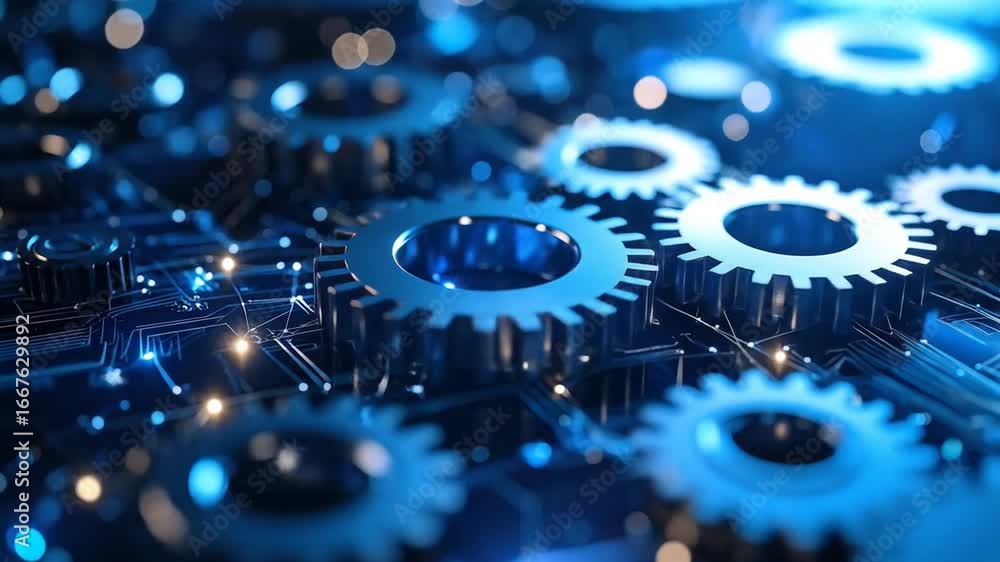 Poster futuristic gears intertwined technological abstract with digital circuit board with closeup.