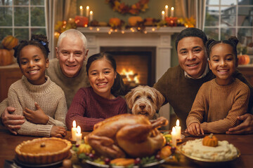Multigenerational Family Celebrating Thanksgiving at Home Festive Holiday Table with Roasted Turkey, Pumpkin Pie, and Candles Warm Gathering by Fireplace with Children, Grandparent, and Pet Dog