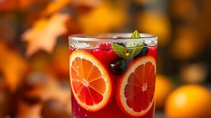 A glass of sangria with fresh citrus and berries, evoking warm Spanish National Day celebrations.