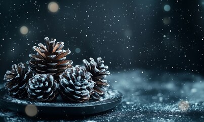 Dark and moody Christmas background with elegant winter ornaments pine cones and snowflakes This sophisticated festive atmosphere embodies the beauty and magic of the holiday, Generative AI