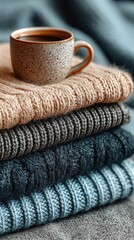 Cozy autumn scene a coffee cup rests on a stack of folded sweaters