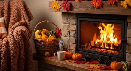 Autumn Fireplace Scene with Cozy Decor.