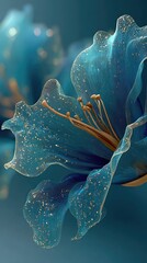 Close-up of two translucent teal flowers, glistening with gold dust