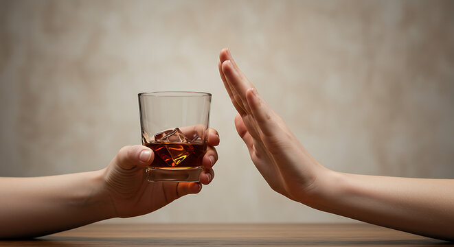Concept of Refusal: A hand gesturing 'no' towards a glass of whiskey with ice, symbolizing rejection.
