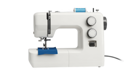 A modern white sewing machine with a blue spool of thread is shown in a studio setting