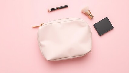 Makeup bag on soft pink surface, top view with clean copy space and even studio lighting.