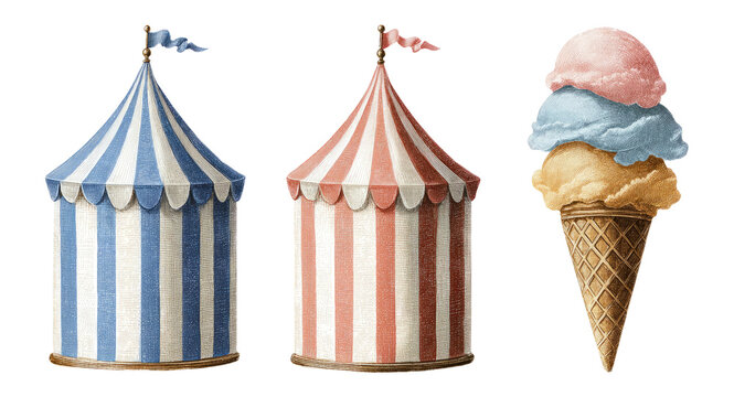 Colorful Circus Tents and Ice Cream Cone on Transparent Background