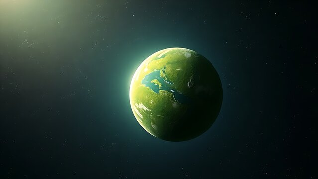 Lush green planet floating in space with a glowing atmosphere, depicting cosmic beauty.