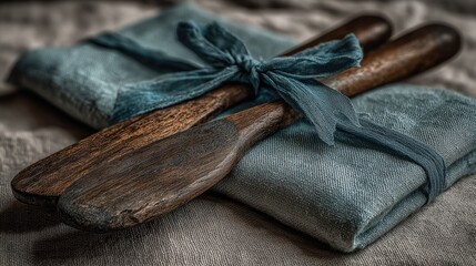 Dark wood spatulas tied with blue ribbon atop folded fabric