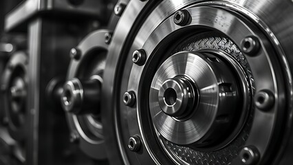 Close-up of a polished metal wheel mechanism in a workshop, showcasing industrial precision and texture.