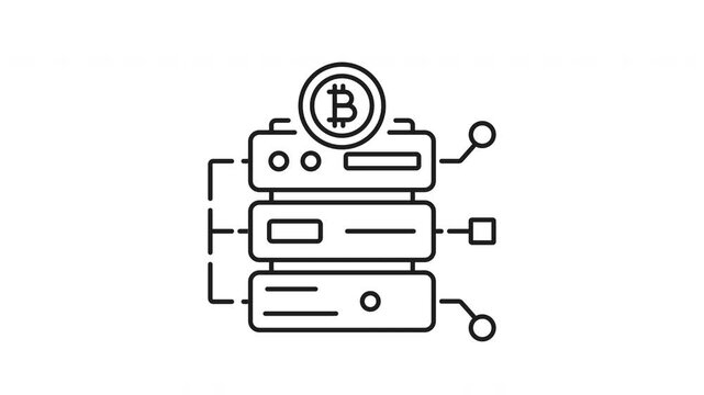 Crypto server line animation. Crypto server animation displays stacked servers topped with a gleaming bitcoin symbol, perfect for technology and cryptocurrency projects.