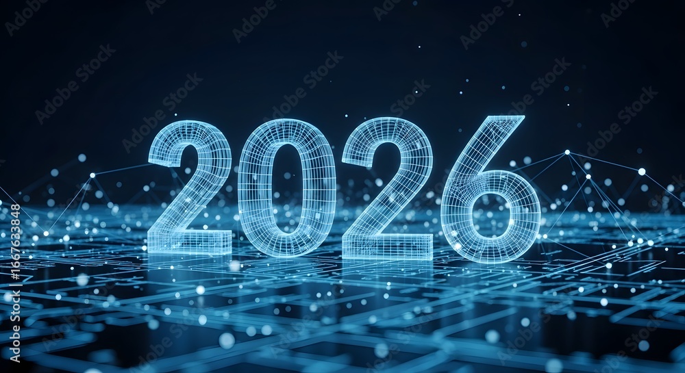 Aufkleber futuristic digital wireframe 2026 on glowing circuit board background technology future data innovat