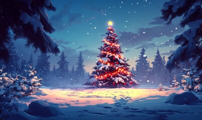 Christmas tree decorated with lights and ornaments in a serene winter forest setting The peaceful snowy forest creates a magical and tranquil holiday atmosphere, Generative AI