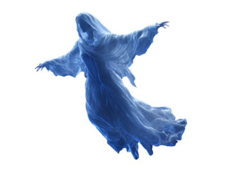 Ethereal blue spirit figure floating in darkness ghost isolated on a transparent background