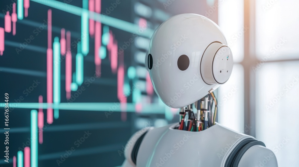 Poster a seamless smart trading bot showcasing stock patterns for analysis and trading strategies in a digi