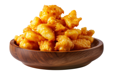Deep-fried cheese curds balls served in wooden bowl, isolated on white transparent background. Concept of United States traditional dishes snack food