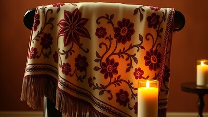 Spanish embroidered shawl with floral motifs in burgundy and gold, draped elegantly over a chair in warm candlelight.