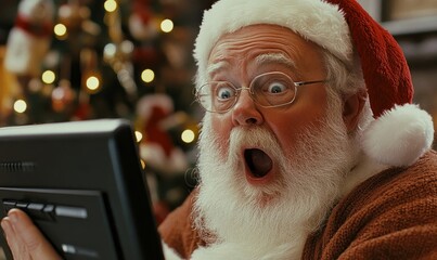 Santa Claus looks shocked as he reads a costly Christmas gift list on a computer symbolizing the modern take on letter writing for presents during the holiday season, Generative AI