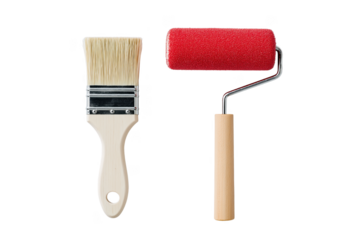 Painting tools including a bristle brush and red roller on a dark surface transparent background