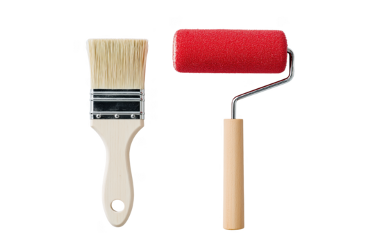 Painting tools including a bristle brush and red roller on a dark surface transparent background