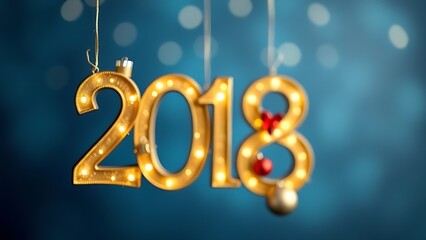 Festive golden numeral decoration with holiday elements, abstract blue gradient background.