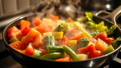 Fresh vegetables sizzling in a frying pan with steam rising, showcasing vibrant colors and textures.